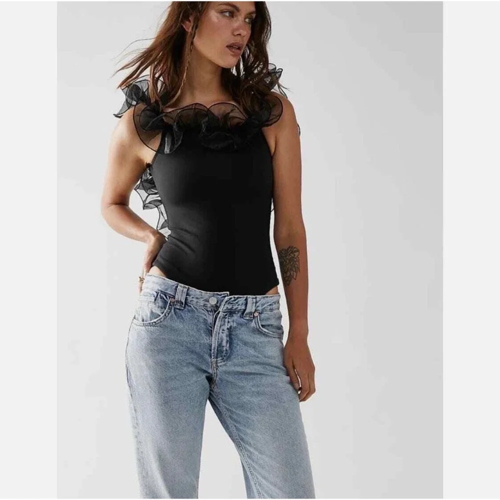 Free People Intimately Black Ruffle Organza Trim Bodysuit Small OB1085145